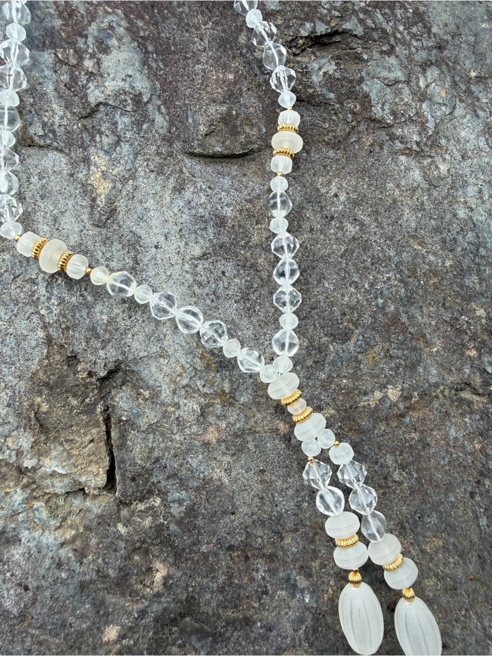 Vintage Clear Lucite Beaded Gold Lariat Necklace Gold